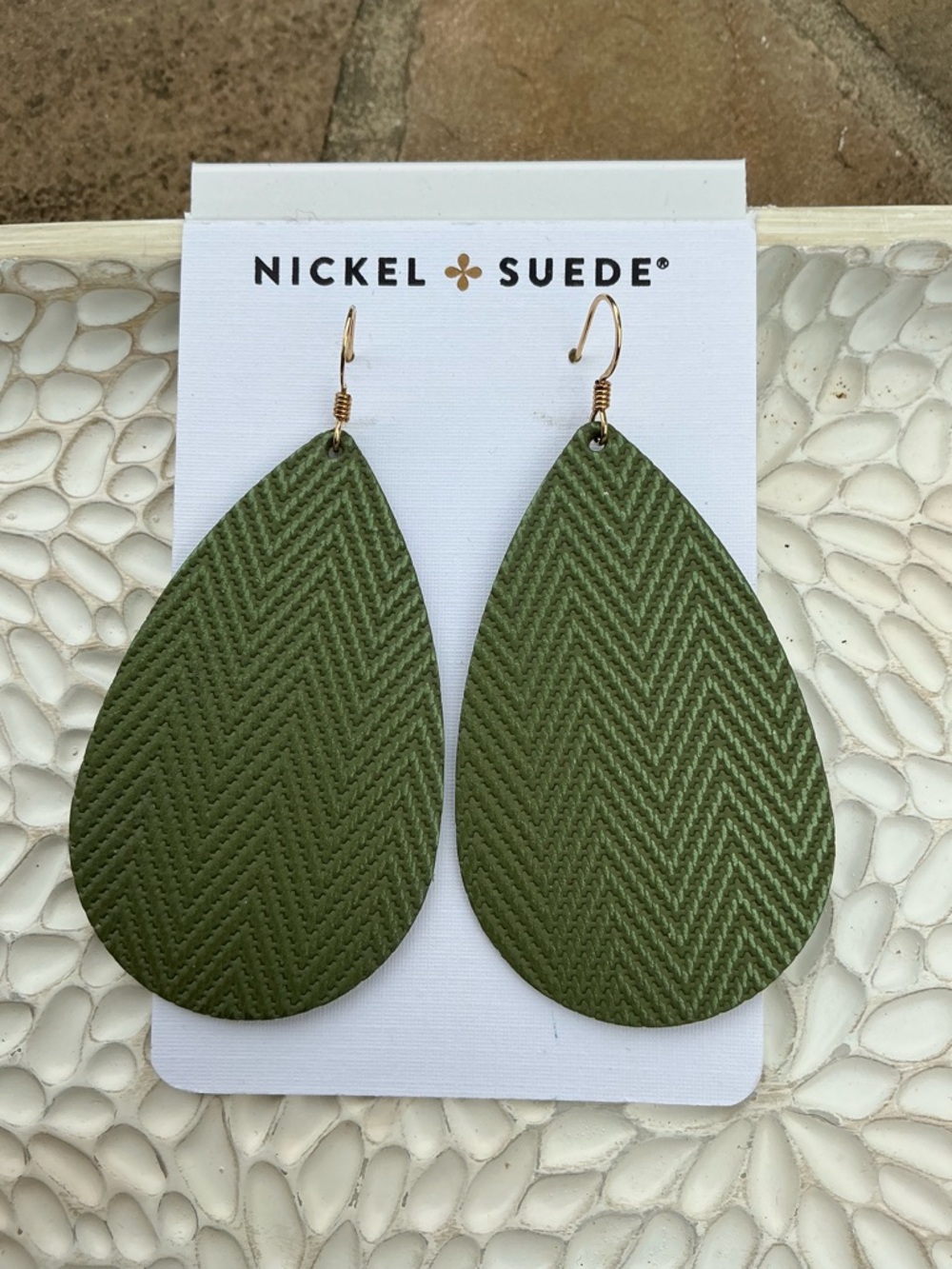 Nickel & Suede NEW Olive Green Medium Teardrop Earrings